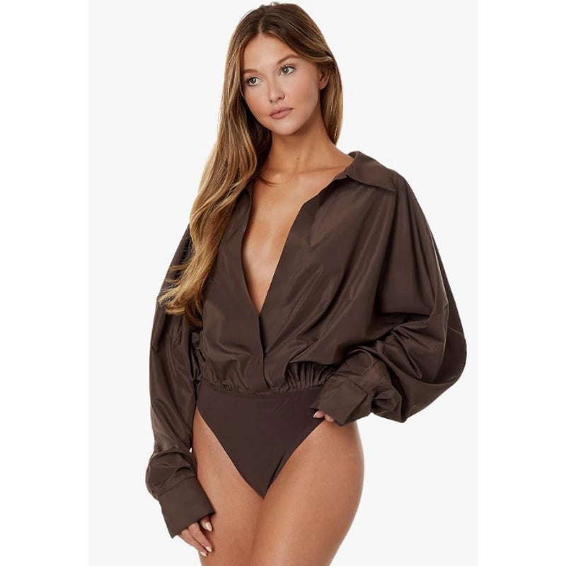 NORMA KAMALI Super Oversized Boyfriend NK Shirt Bodysuit Large Brown NWT