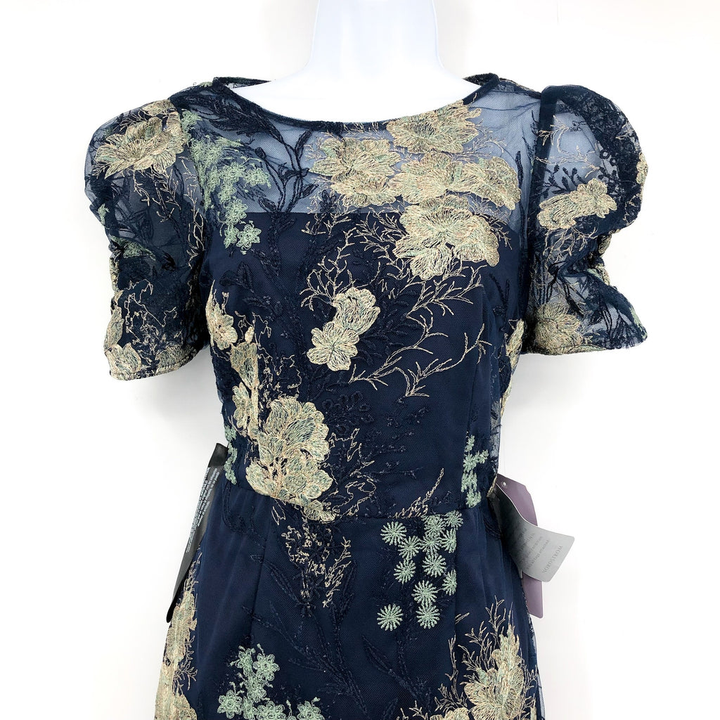 JS COLLECTION Women's Hope Flounce Tea Length Dress Size 2 Navy Jade Floral NWT