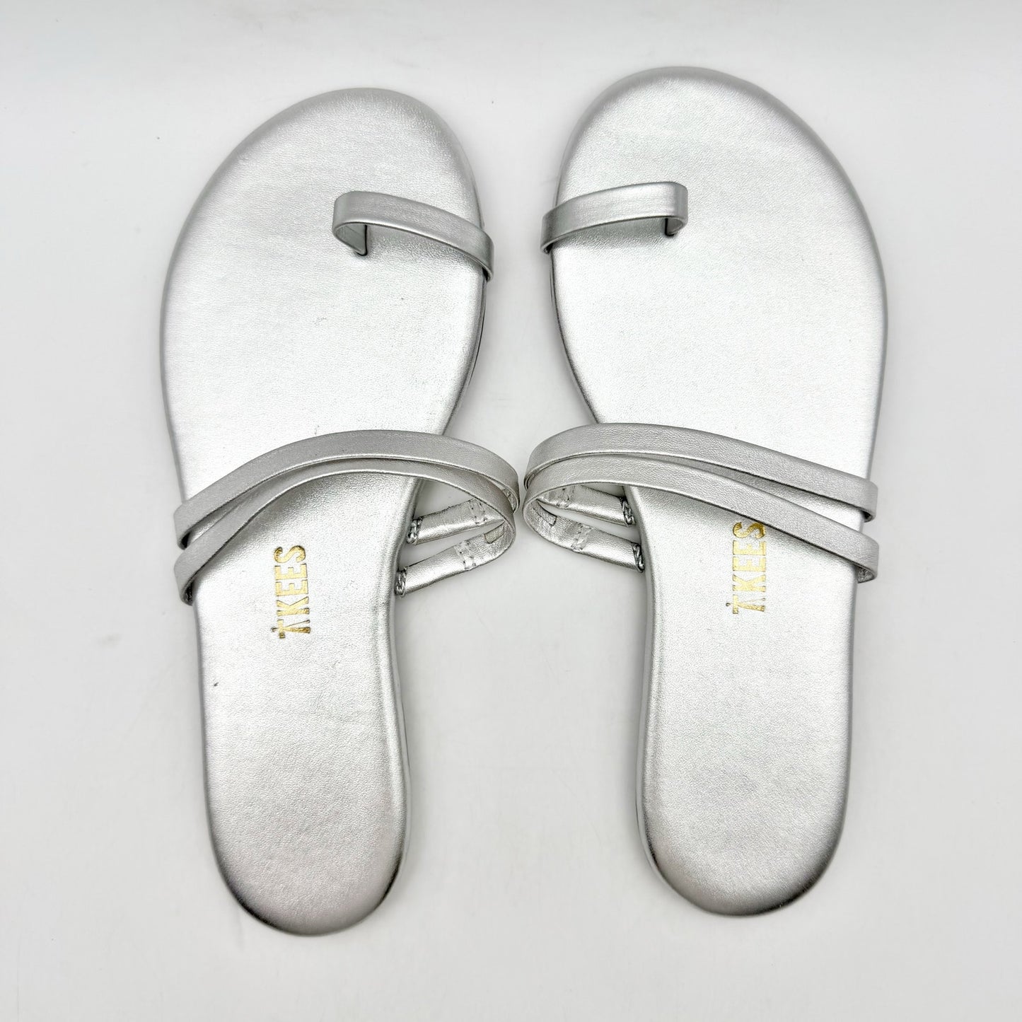 TKEES Womens Leah Flat Sandals US 5 EU 36 Silver Slip On NWOB
