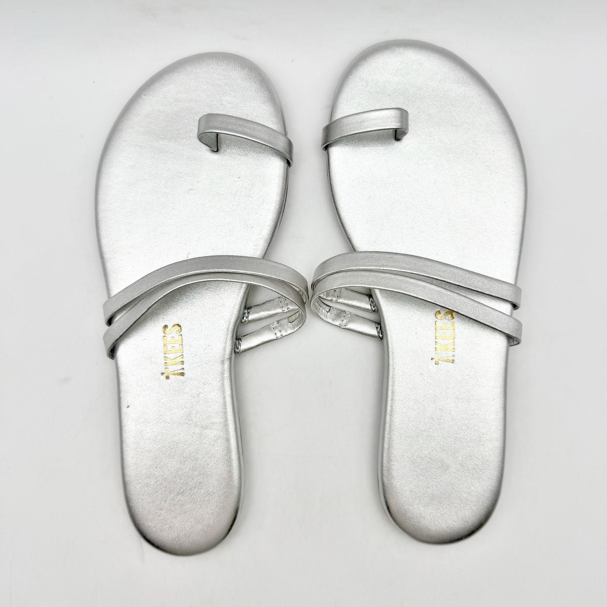 TKEES Womens Leah Slide Sandals Size 5 EU 36 Silver Slip On Flat NWOB