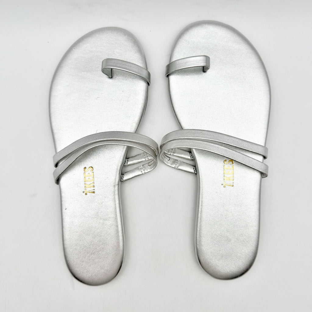 TKEES Womens Leah Flat Sandals US 5 EU 36 Silver Slip On NWOB