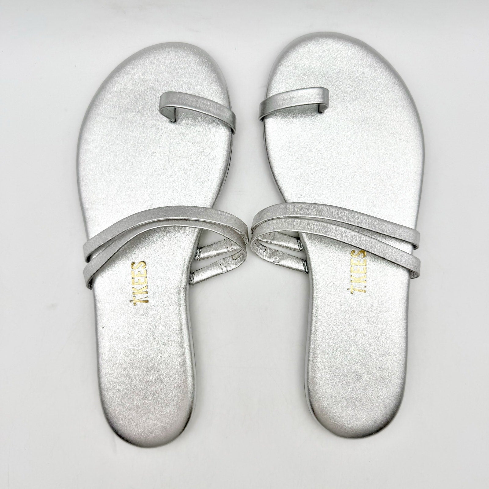 TKEES Womens Leah Flat Sandals US 5 EU 36 Silver Slip On NWOB
