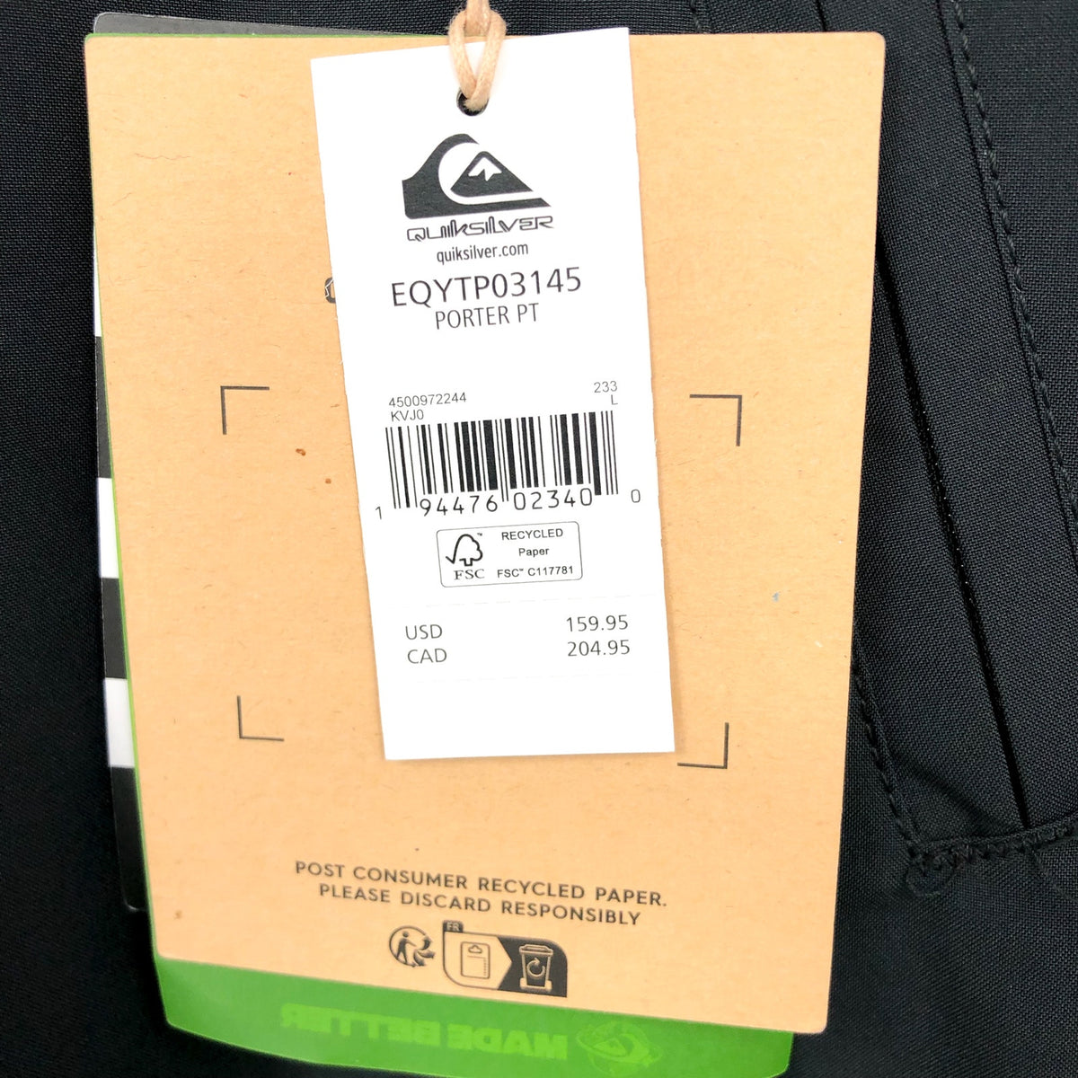 QUICKSILVER Men's Porter Snow Pants Large Black Waterproof Outdoor NWT