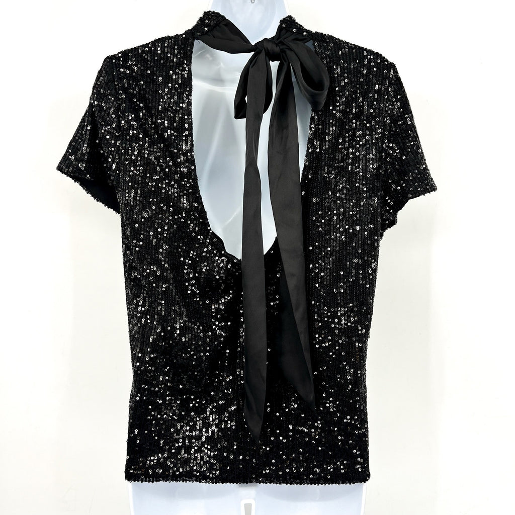 CECE Women's Sequin Top Large Rich Black Bow Back Mock Neck Short Sleeve NWT