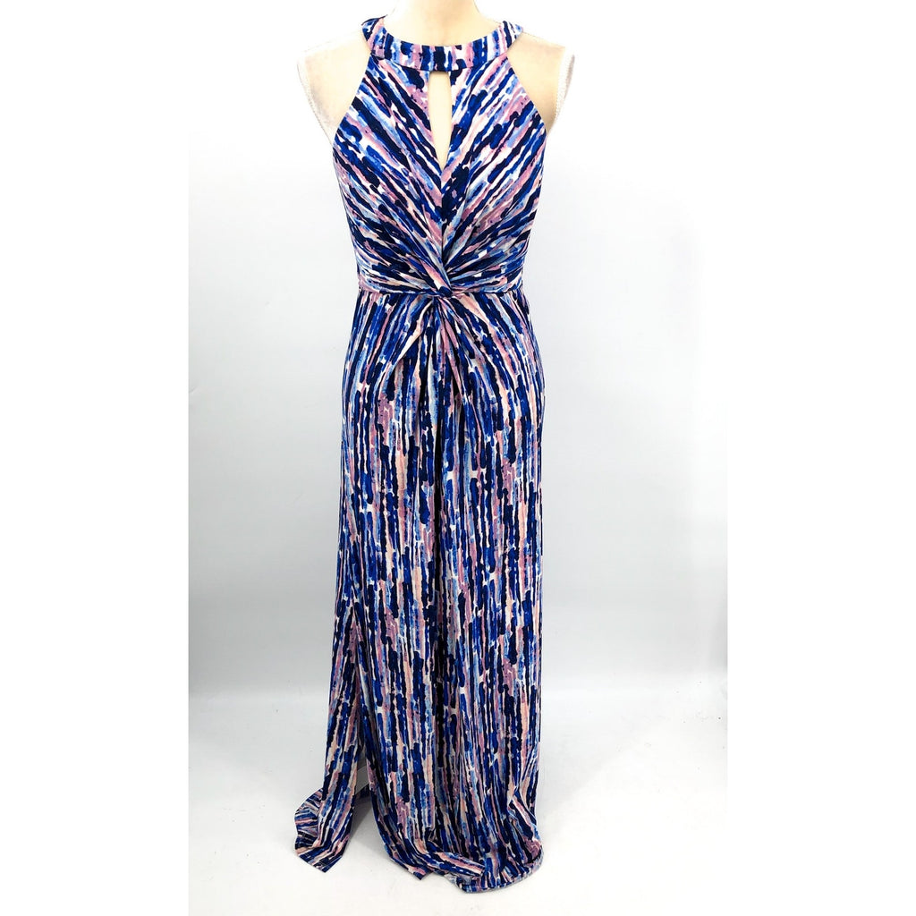 ELIZA J Keyhole Twist Maxi Dress Size 6 Blue Multi Printed Halter Neck NWT