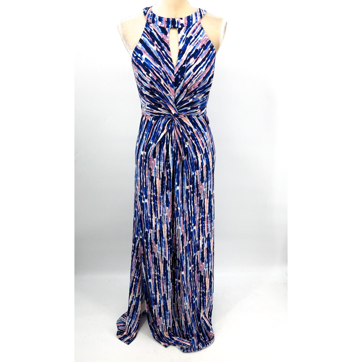 ELIZA J Keyhole Twist Maxi Dress Size 6 Blue Multi Printed Halter Neck NWT