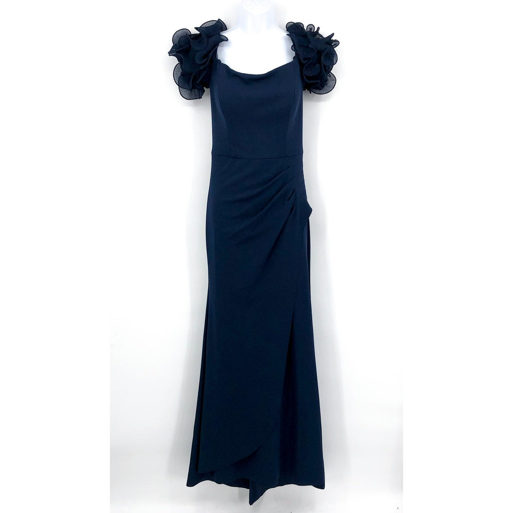 XSCAPE Ashlyn Scuba Crepe Off the Shoulder Long Gown Size 8 Navy Blue Dress NWT