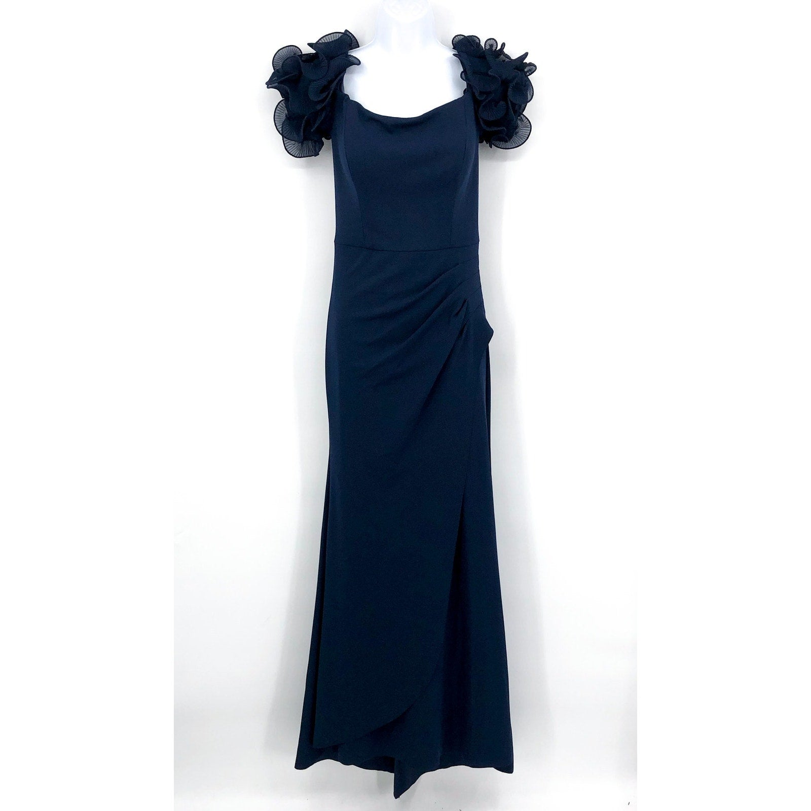 XSCAPE Ashlyn Scuba Crepe Off the Shoulder Long Gown Size 8 Navy Blue Dress NWT