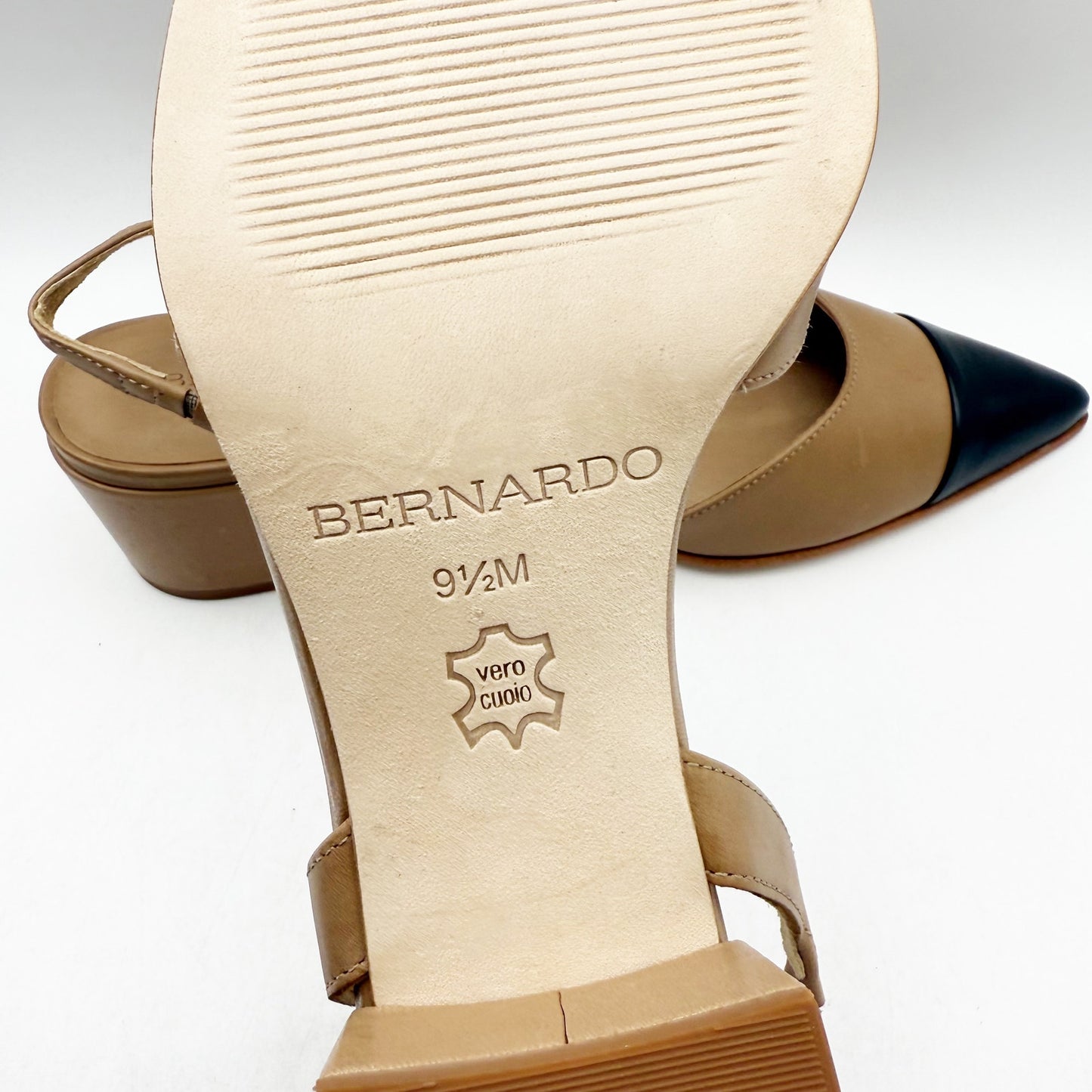 Bernardo Women Monroe Heel US 9.5 M Black Tan Leather Sling Back Pointed Toe NIB