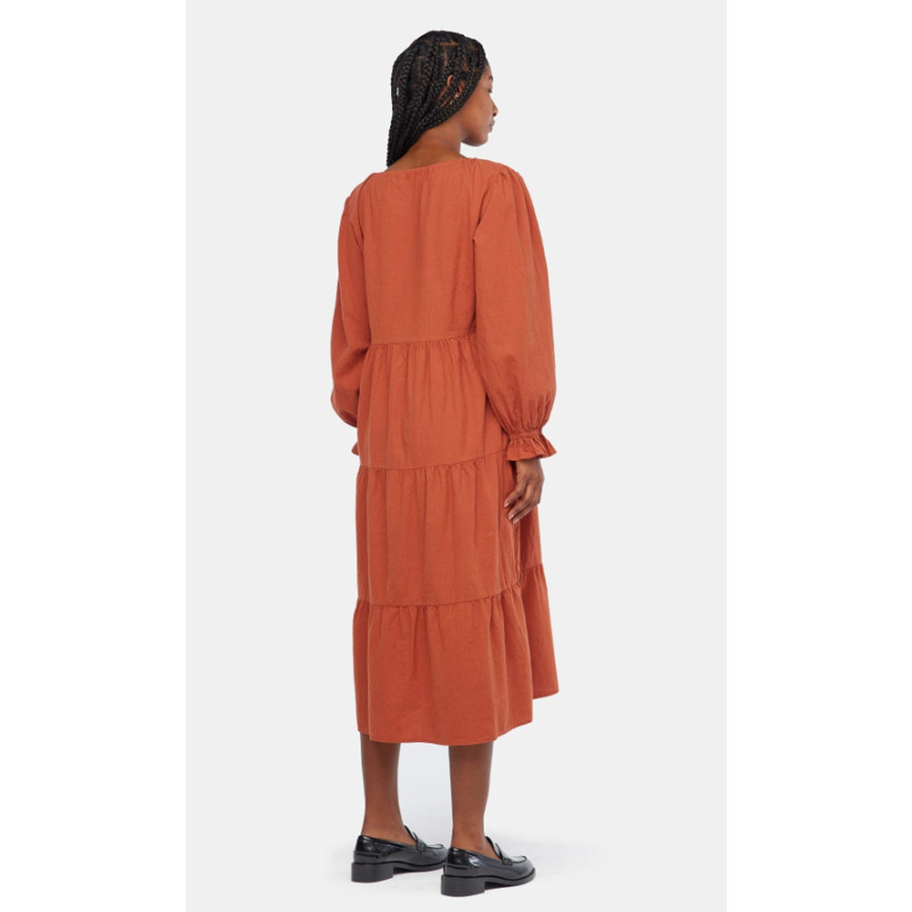 LACAUSA Women's Tate Tiered Midi Dress XS Rustic Orange Long Sleeve NWT