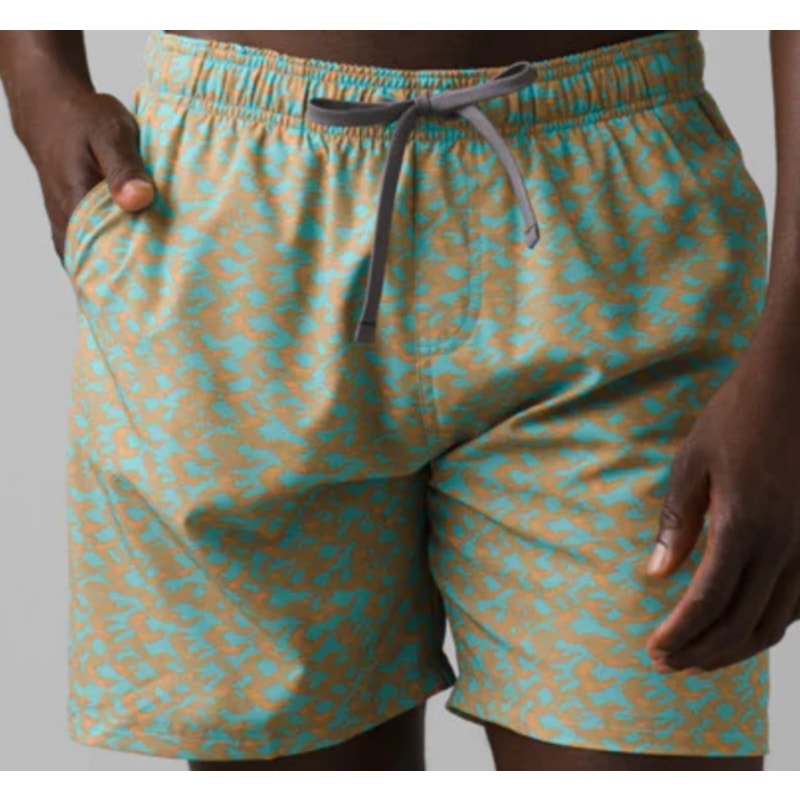 PRANA Men's Plunge Swim Shorts XXL Blue Tan Aqua Current 6" Inseam NWT