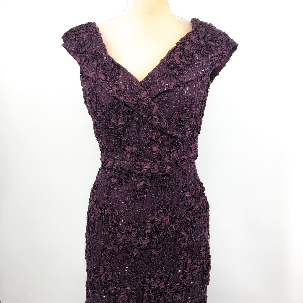 XSCAPE Jill Embroidered Lace Gown Size 12 Purple Off The Shoulder 4618X NWT