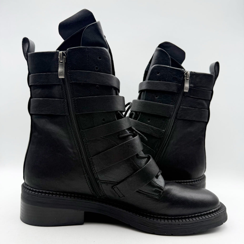 DKNY Womens Ita Buckled Combat Boots US 9.5 EU 40.5 Black Leather NIB