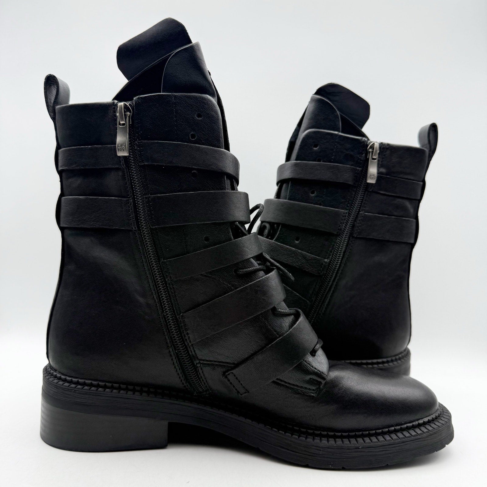 DKNY Womens Ita Buckled Combat Boots US 9.5 EU 40.5 Black Leather NIB