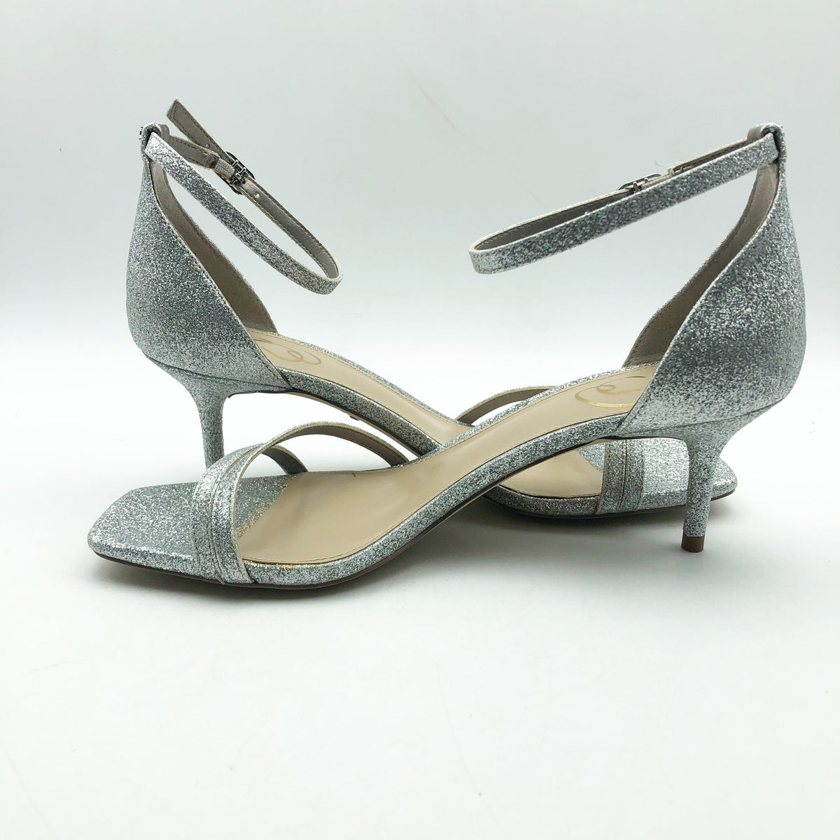 SAM EDELMAN Womens Peonie Kitten Heel Sandal 7.5 M Silver Glitter Strappy NIB