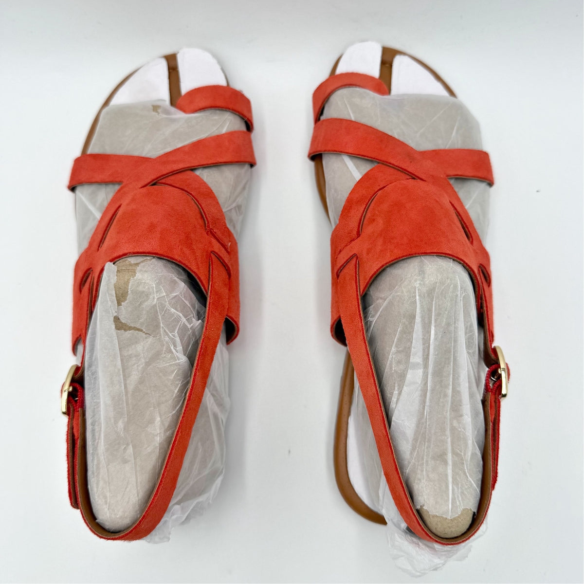 Franco Sarto Womens Gia Flat Sandals Size 7.5 M Orange Red Coral Suede NWOB