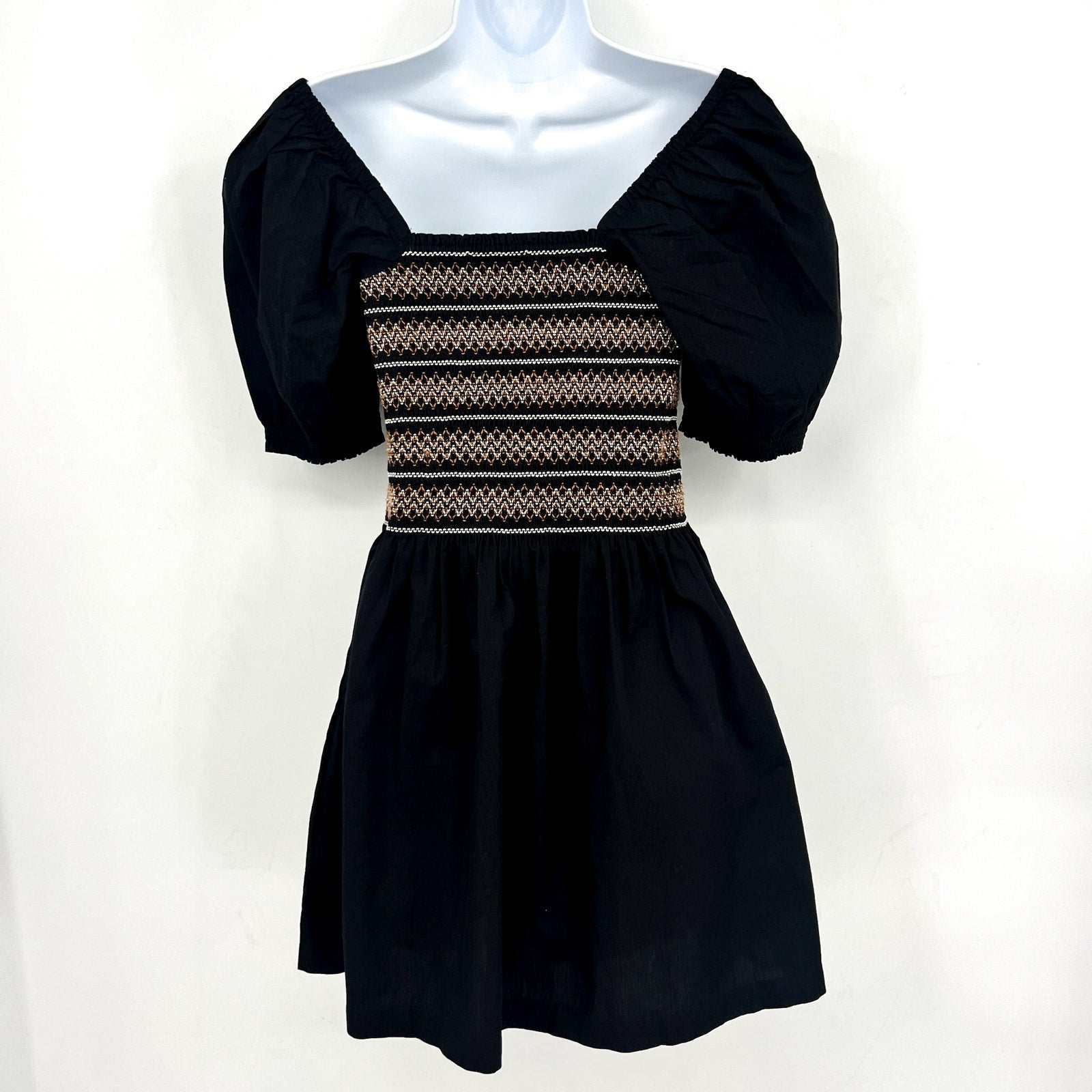 Madewell Womens Poplin Puff-Sleeve Mini Dress Small Black Smocked NU780 NWT