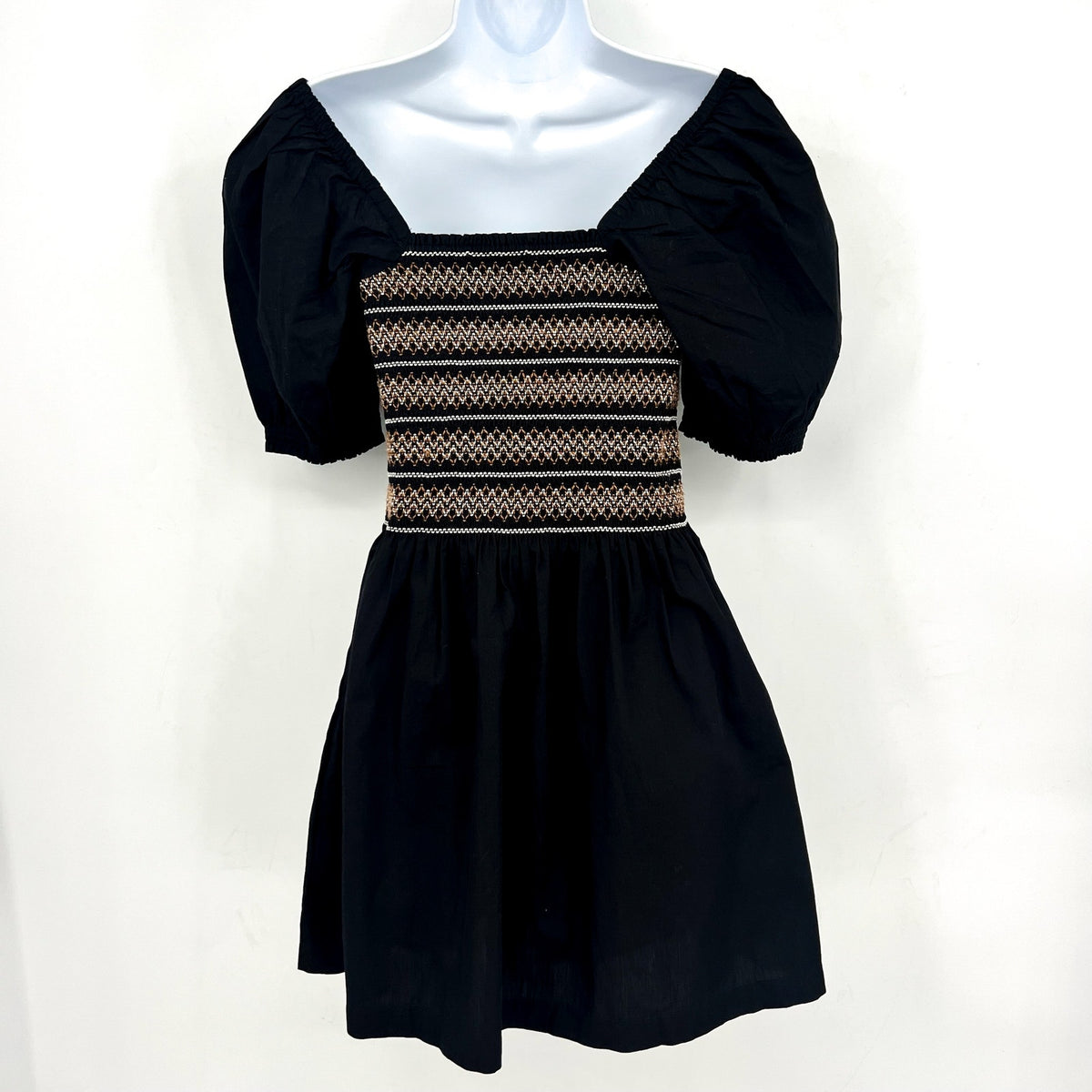 Madewell Womens Poplin Puff-Sleeve Mini Dress Small Black Smocked NU780 NWT