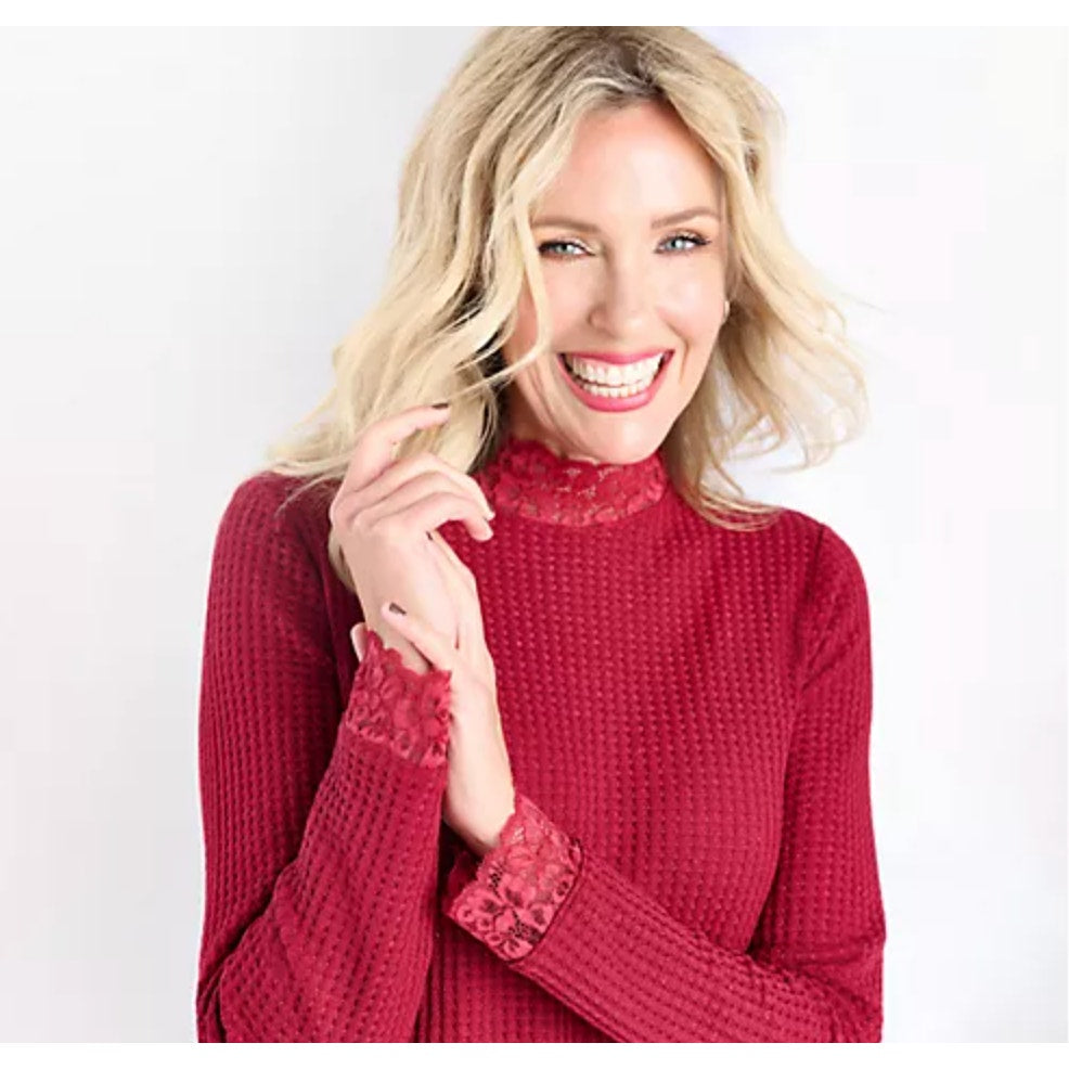 LOGO LORI GOLDSTEIN Metallic Waffle Knit Top Medium Rumba Red Long Sleeve NWOT