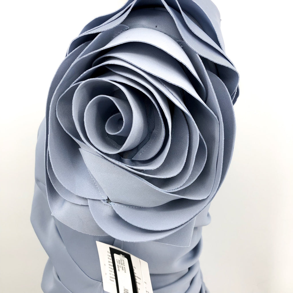 XSCAPE Rosette Ruched Sheath Gown Size 12 Sky Blue Short Sleeve Floral 4721X NWT