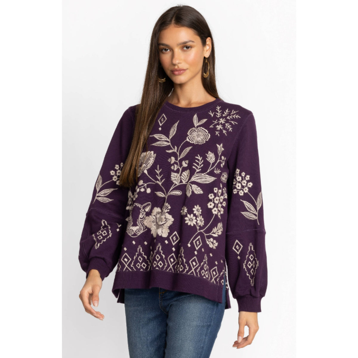 JOHNNY WAS Women's Ivey High Slit Sweatshirt Medium Deep Purple Floral NWT