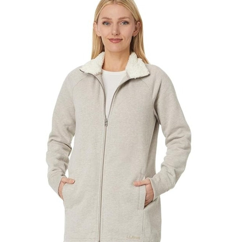 L.L. BEAN Womens 1912 Sherpa Lined Tunic Jacket Medium Grey Oatmeal Full Zip NWT