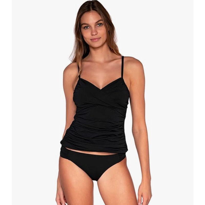 SUNSETS Women's Simone Tankini Top Large Black Swim Cross-Over Front NWT