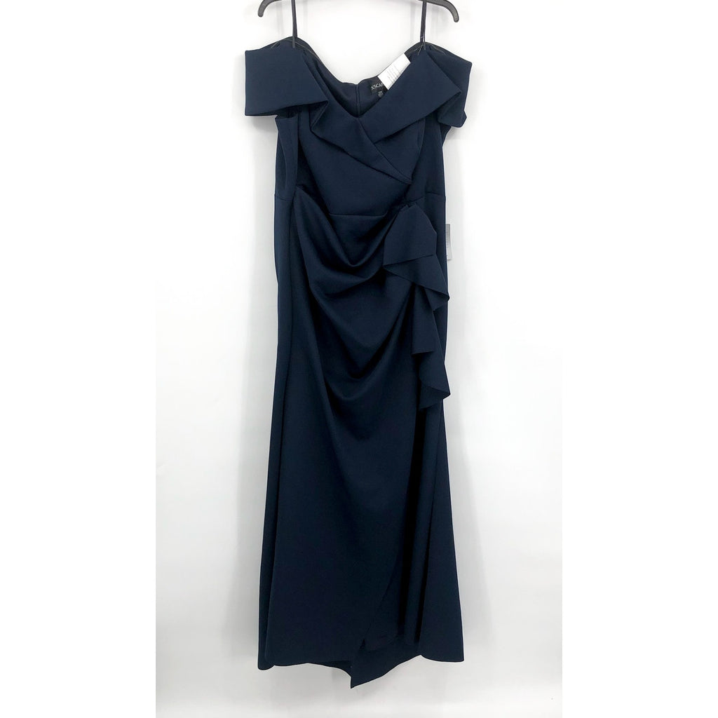 XSCAPE Patti Off the Shoulder Scuba Crepe Dress SIZE 14 Blue Midnight Gown NWT