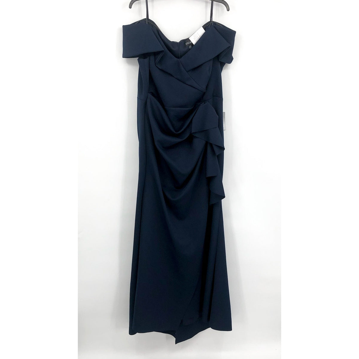 XSCAPE Patti Off the Shoulder Scuba Crepe Dress SIZE 14 Blue Midnight Gown NWT