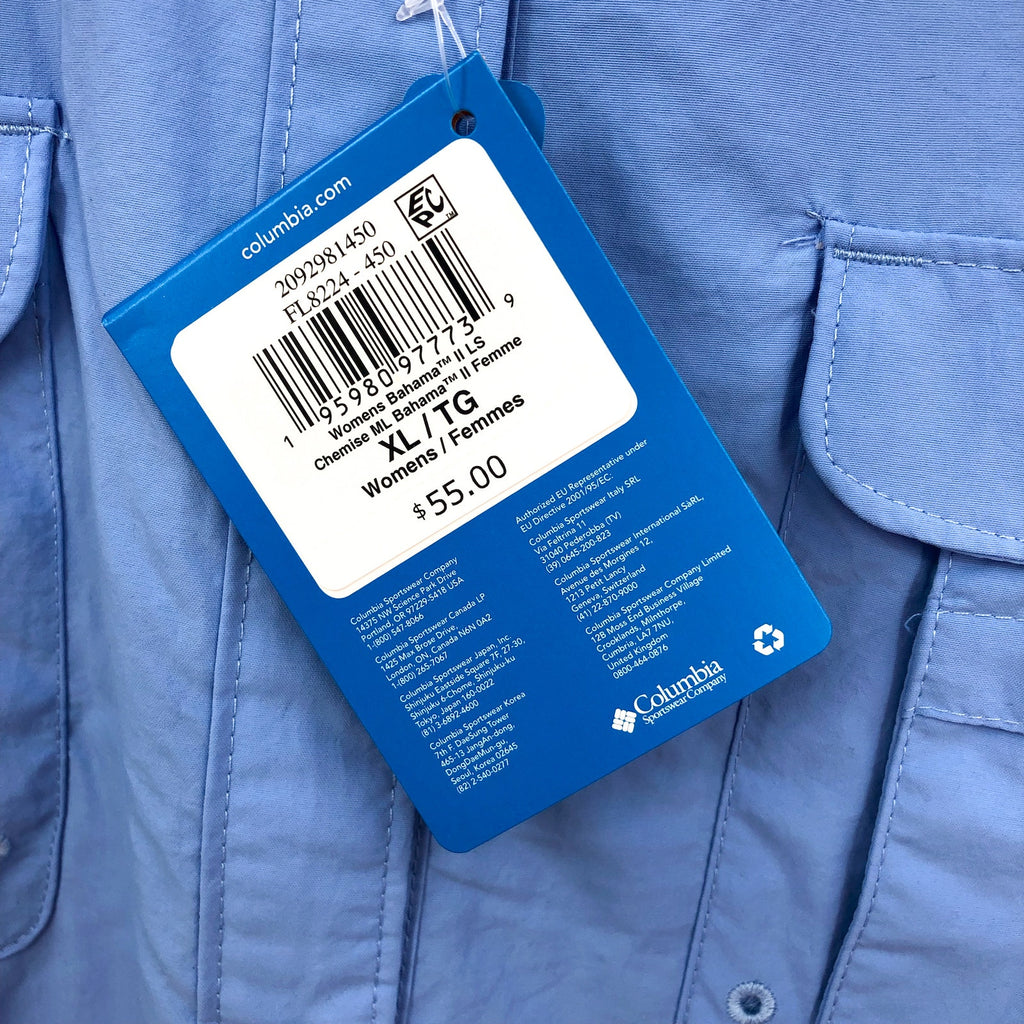 COLUMBIA Women's PFG Bahama II Shirt XL Blue Long Sleeve UPF 50 NWT