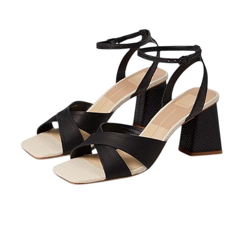 Dolce Vita Womens Tiki Heeled Sandals US 8.5 M Black Embossed Leather NIB