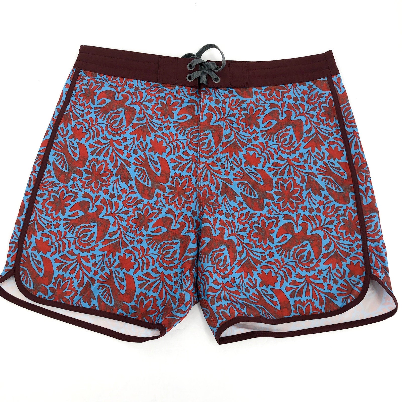 PRANA Mens Vintage Board Shorts Size 31 Blue Red Rust Flora Fauna 6" Inseam NWT