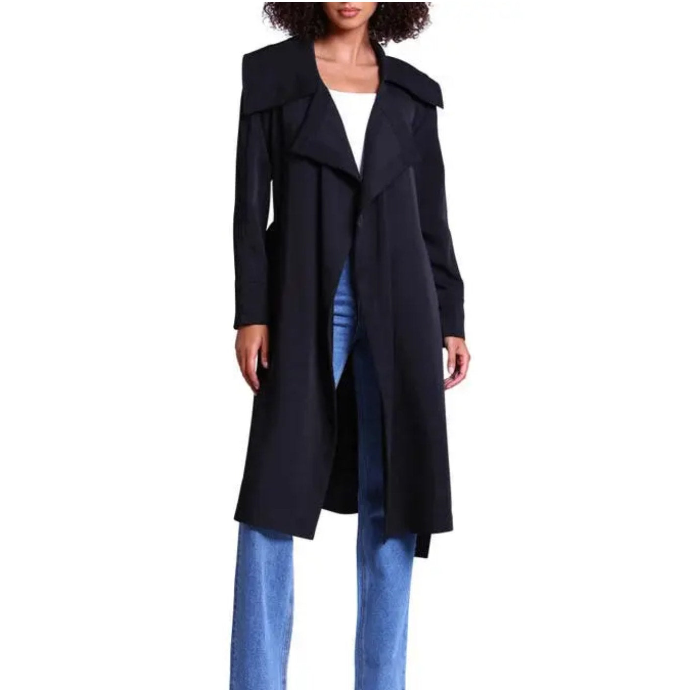 AVEC LES FILLES Womens Drape-Front Trench Coat Medium Black Belted Stretch NWT