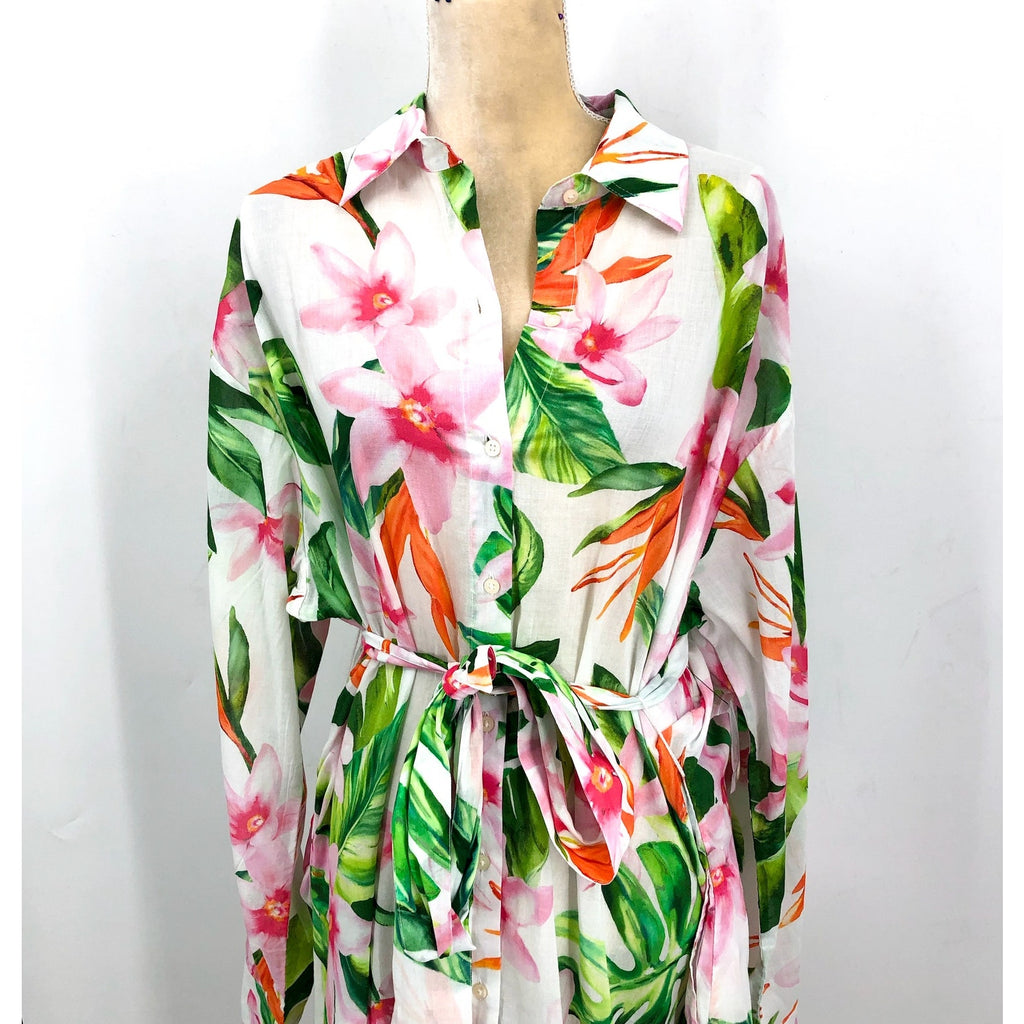 LAUREN RALPH LAUREN Tropical Floral Voile Shirtdress XL White Multi NWOT