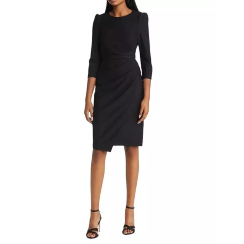 ELIZA J Pleated Faux Wrap Dress Size 14 Black Long Sleeve Knee Length NWT