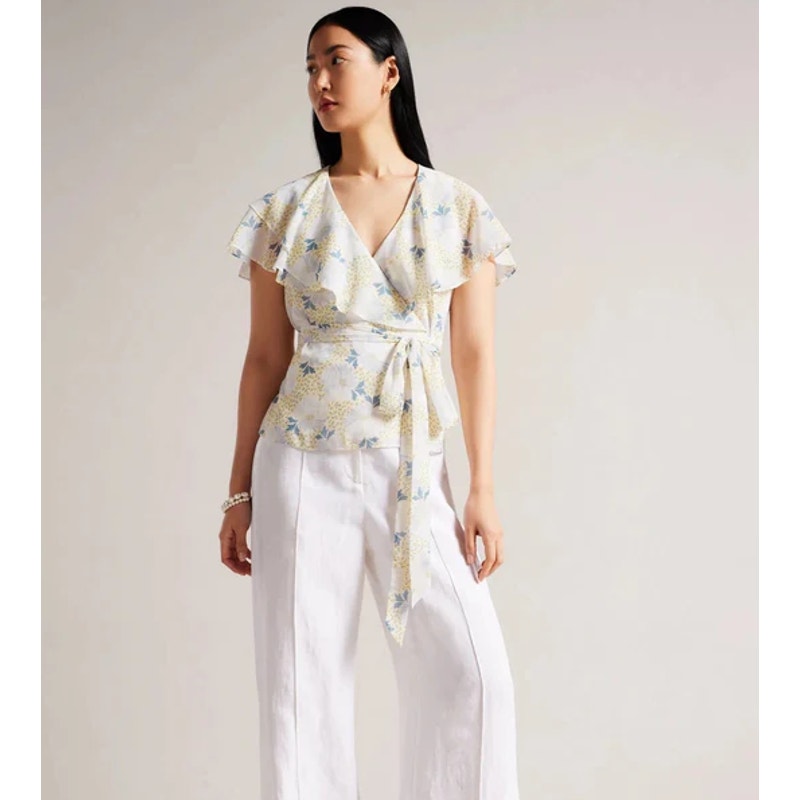 TED BAKER Women's Gemmiaa Wrap Top TED 3 US Large Sky Blue Floral Ruffle NWT