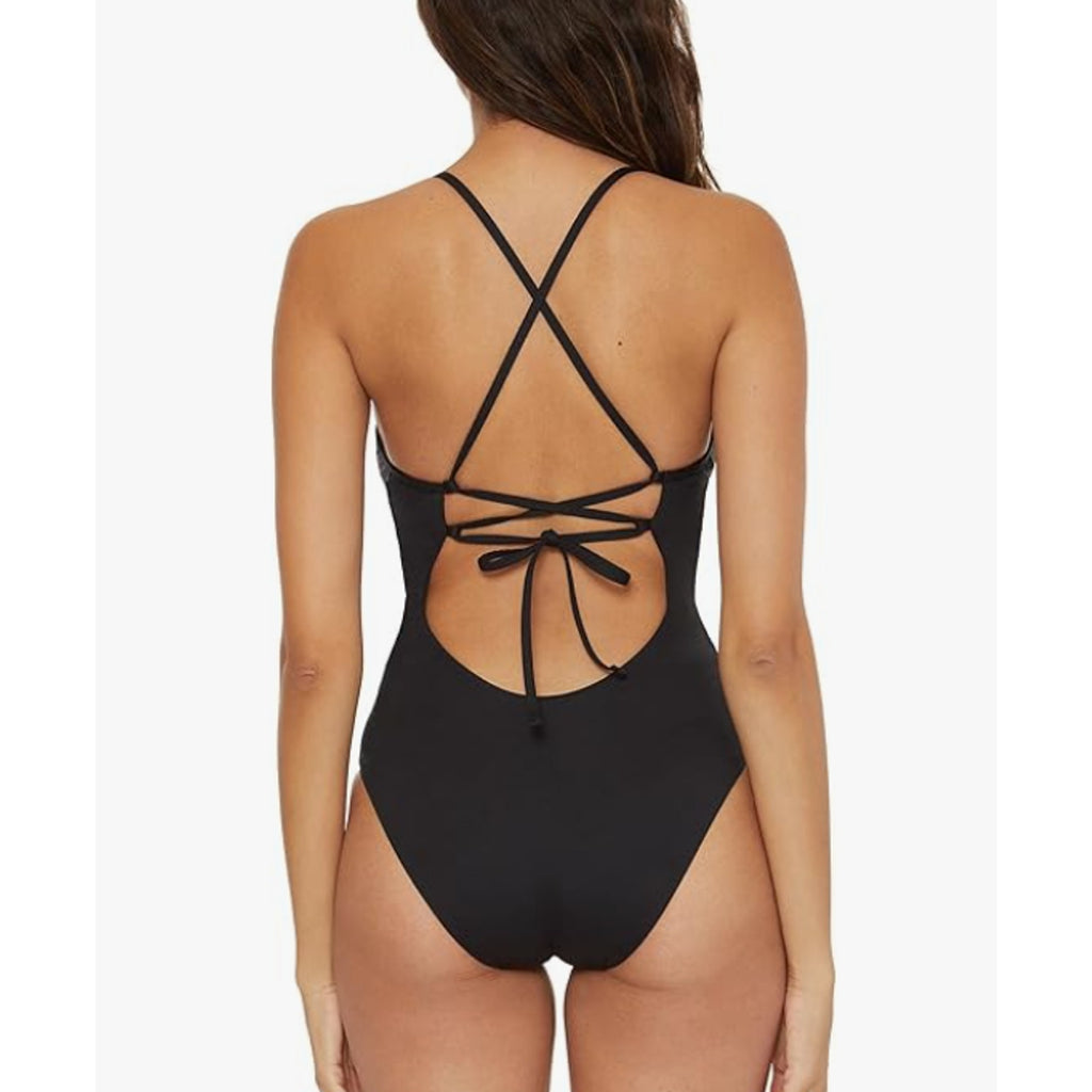 BECCA Women's Layla Plunge One-Piece Swimsuit Medium Black Open Back NWT
