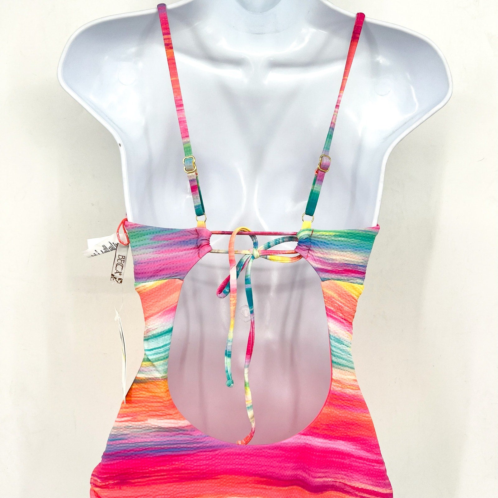 BECCA Women's Verano Plunge Neck One Piece Swimsuit Medium Pink Yellow NWT