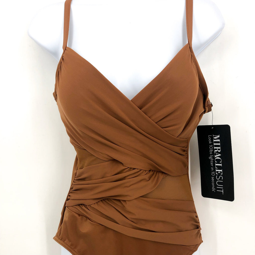 MIRACLESUIT Mystique Mesh One Piece Swimsuit Size 10 Scotch Dark Tan NWT