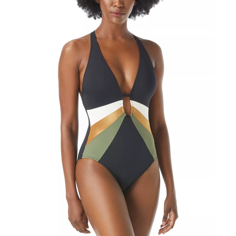 VINCE CAMUTO Gold Shimmer Blocked Punging One-Piece Swimsuit Size 4 Black NWT