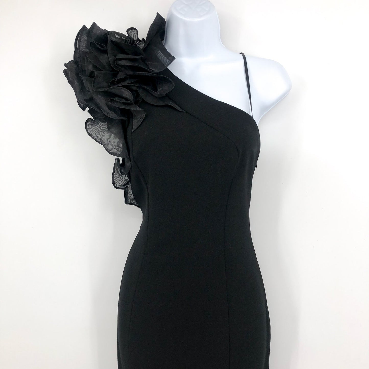 AIDAN MATTOX Women's One-Shoulder Organza Ruffle Gown Size 4 Black NWT