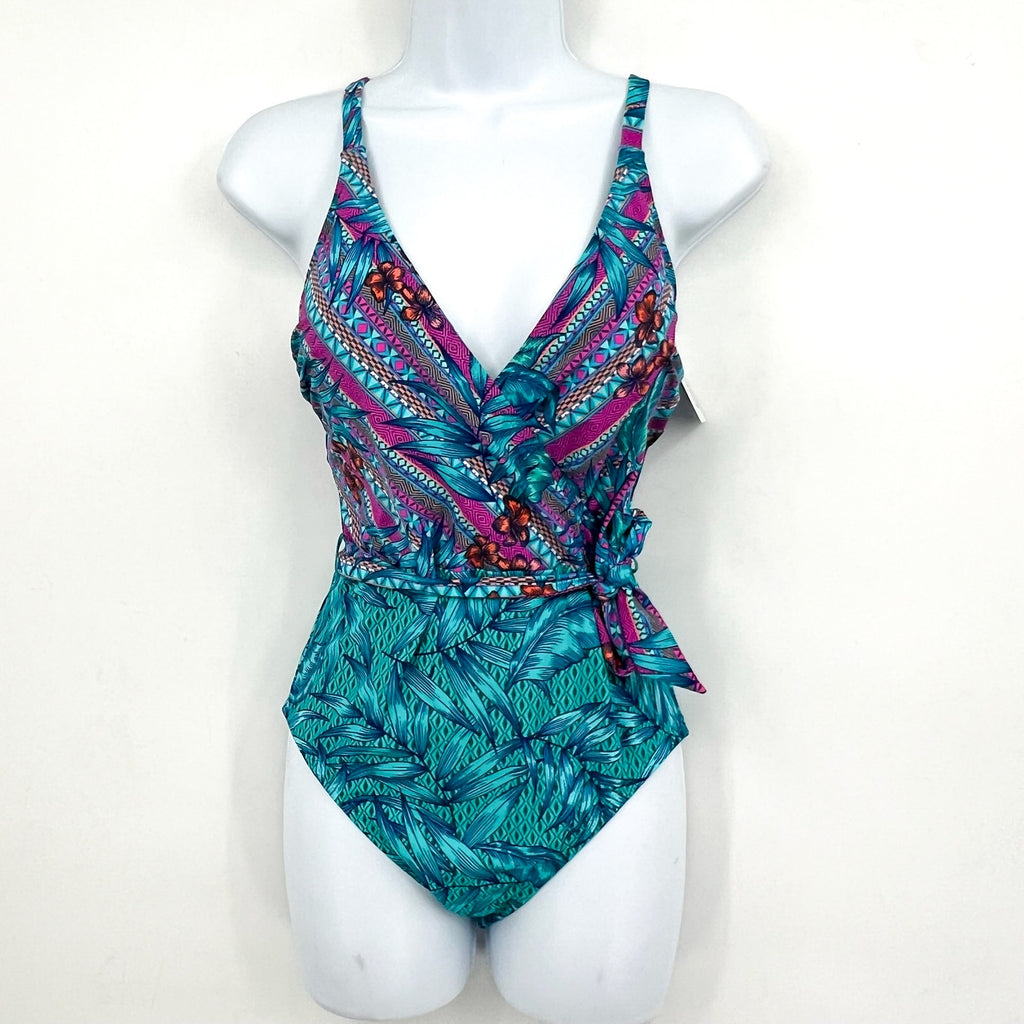 SKINNY DIPPERS Mojito Kiss Kiss Wrap One Piece Swimsuit Medium Blue Malibu NWT