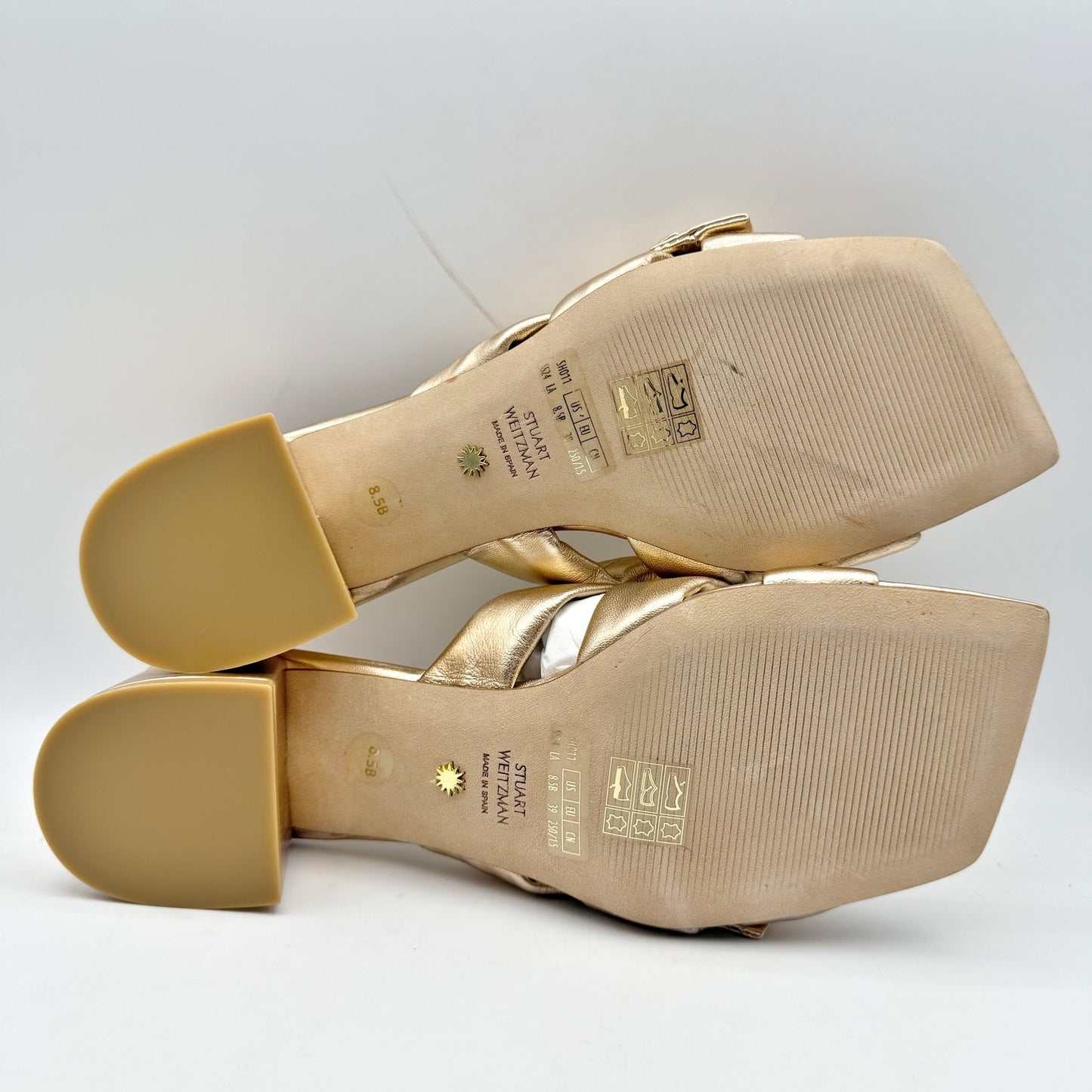 Stuart Weitzman Womens Sofia 45 Slide High Heels US 8.5 M Gold Leather Bow NIB