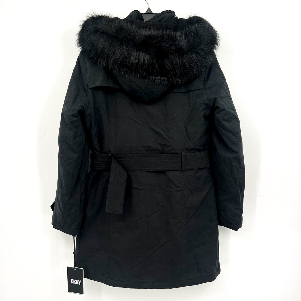 DKNY Women's Faux Fur Hood Anorak Winter Coat XS Black Belted NWT