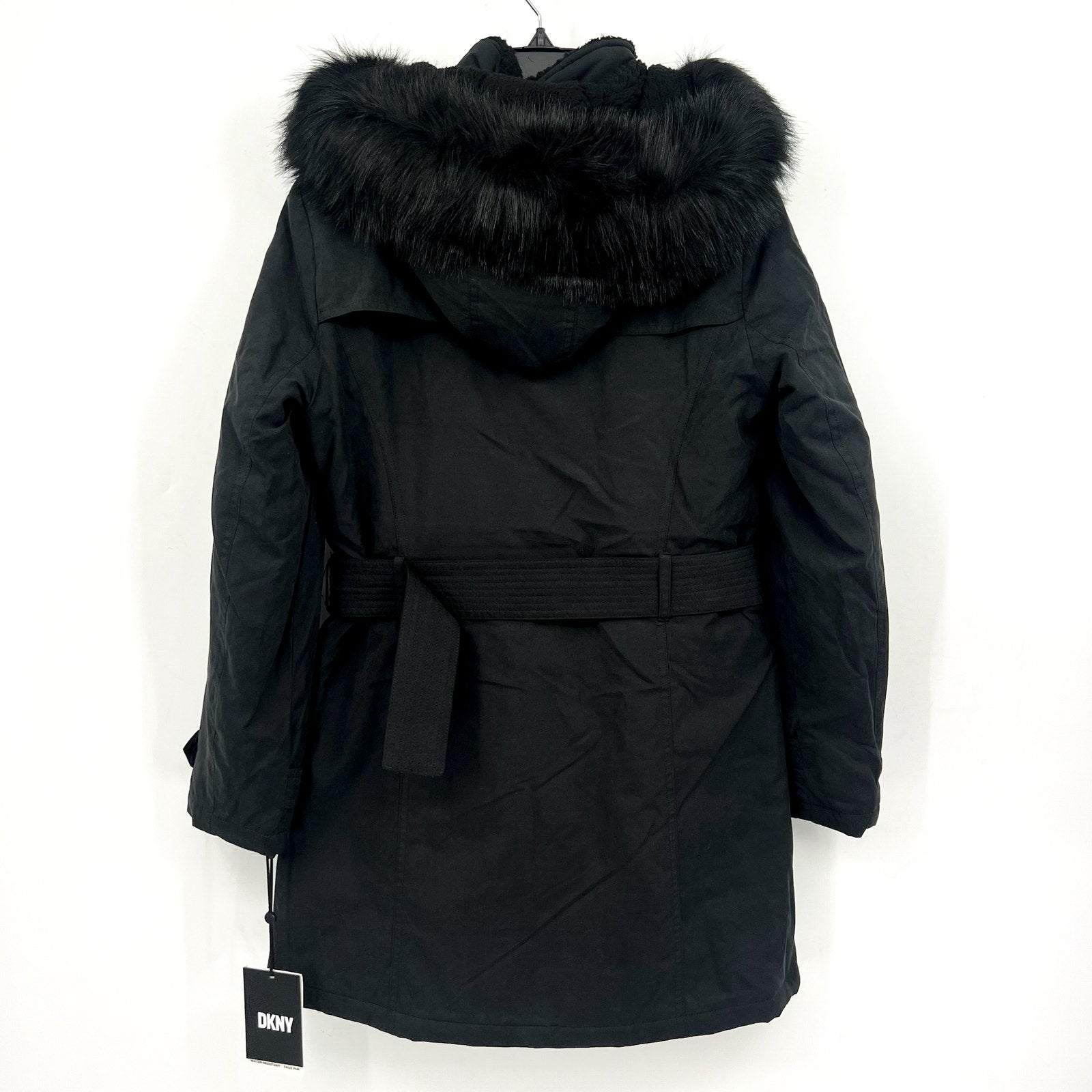 DKNY Women's Faux Fur Hood Anorak Winter Coat XS Black Belted NWT