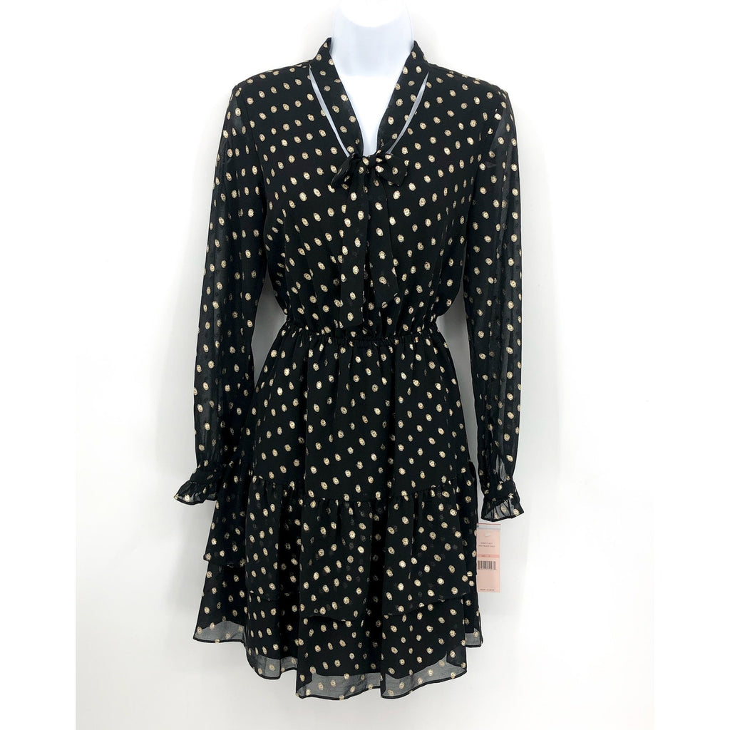 NANETTE LEPORE Metallic Dot Dress Size 2 Black Gold Chiffon Ruffle Neck NWT