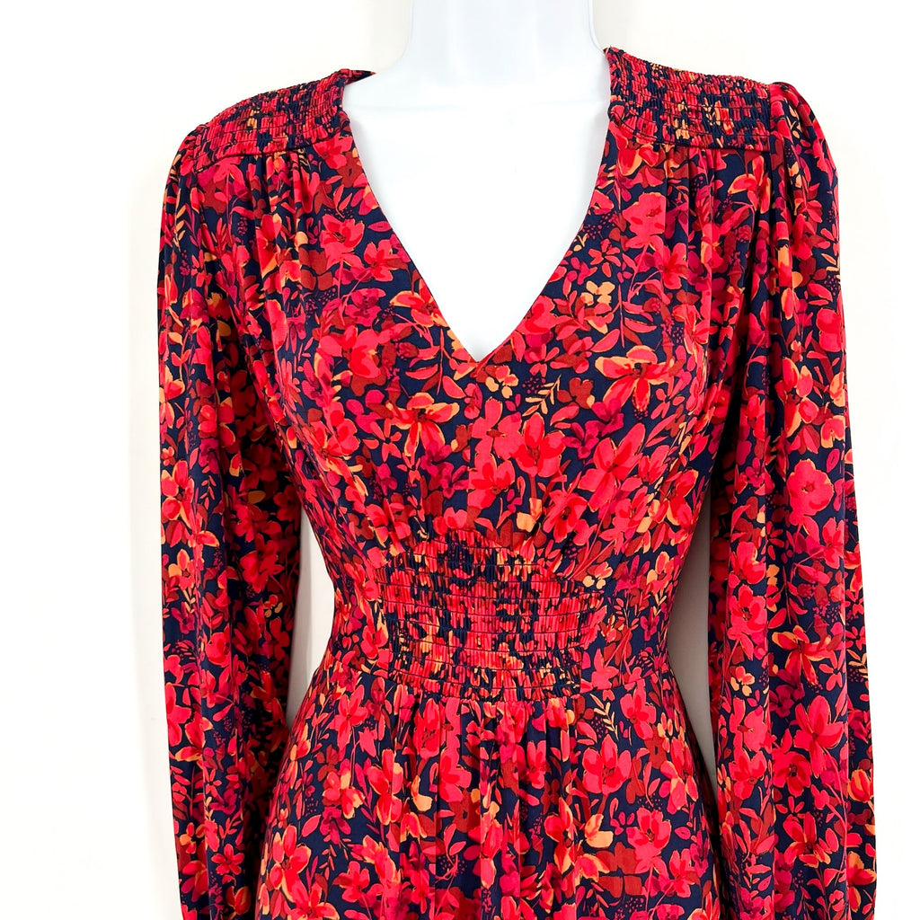 MAGGY LONDON Womens Floral V-Neck Dress Small Navy Blue Red Smocked NWT