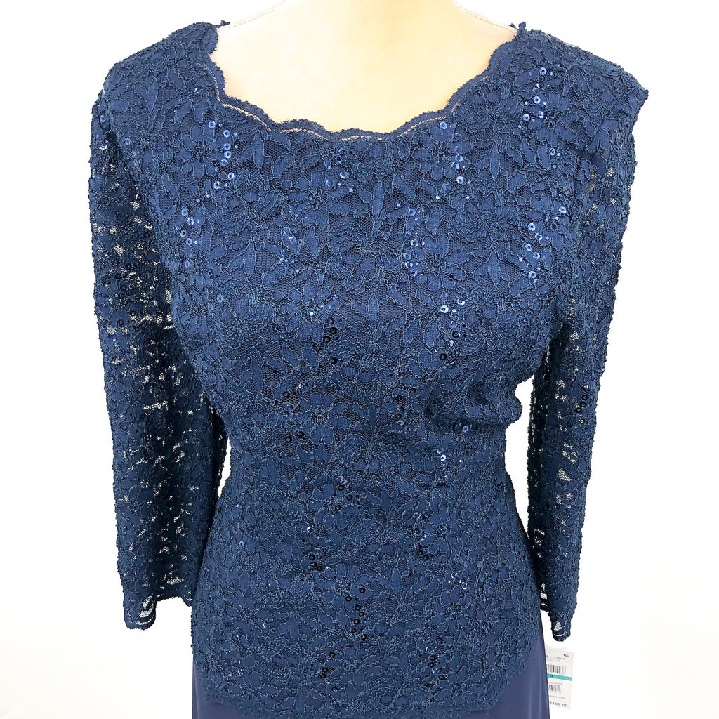 ALEX EVENINGS Sequin Lace Mock Dress Size 16 Navy Chiffon Skirt Sleeves NWT
