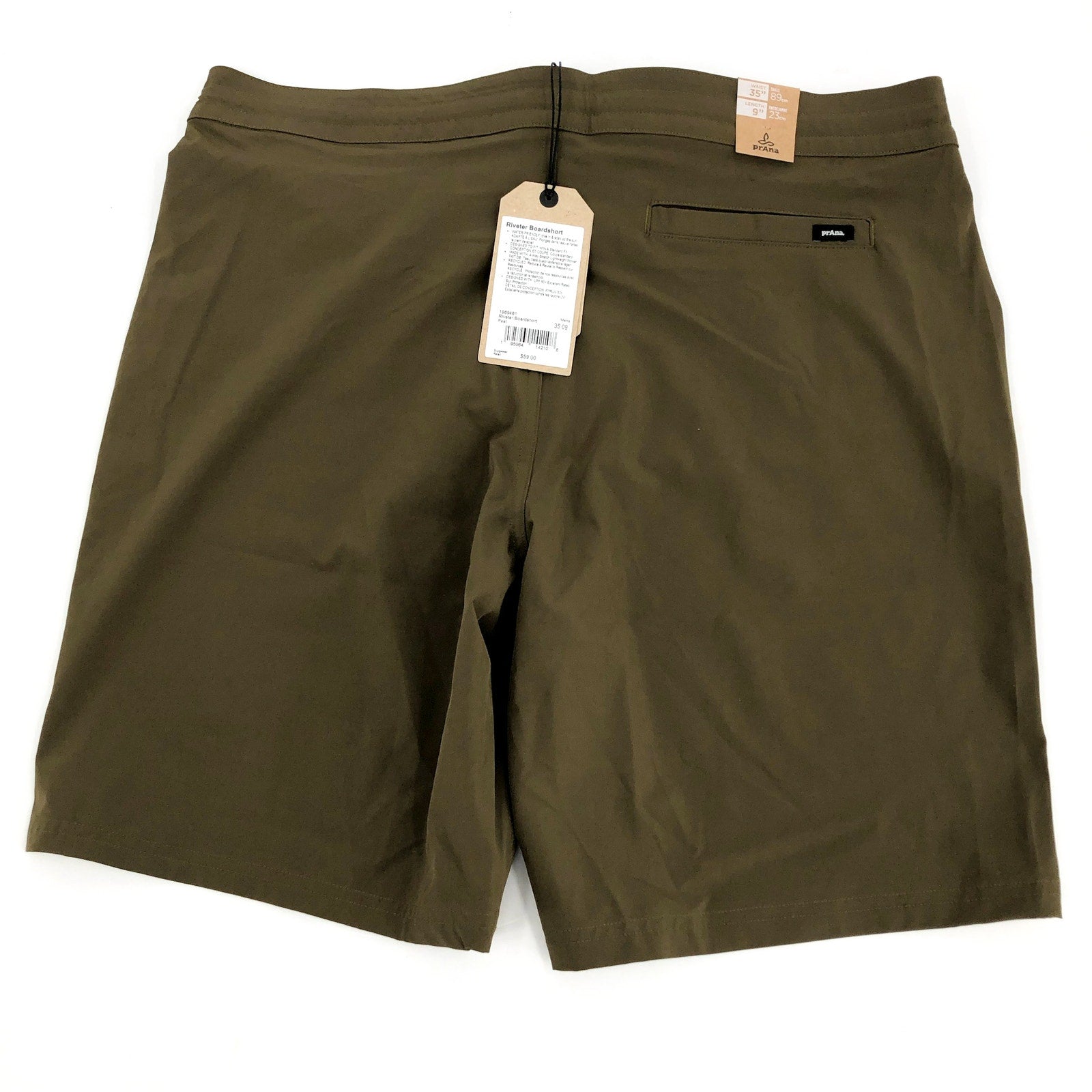 PRANA Men's Riveter Board Shorts Size 35 Peat Green 9" Inseam UPF 50+ NWT