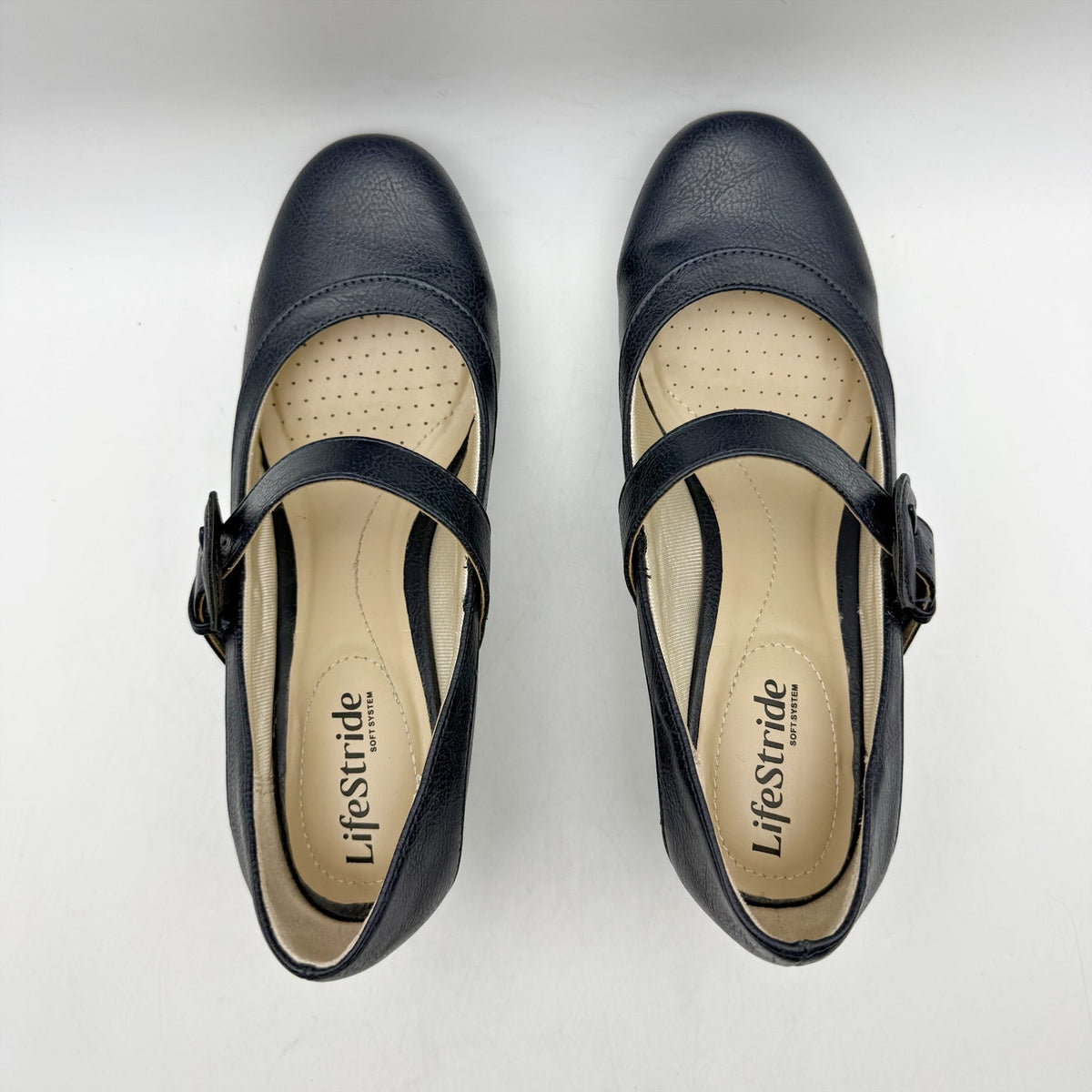 LifeStride Womens Rozz Mary Janes Heels Size 7 WIDE Navy Blue Vegan Leather NIB